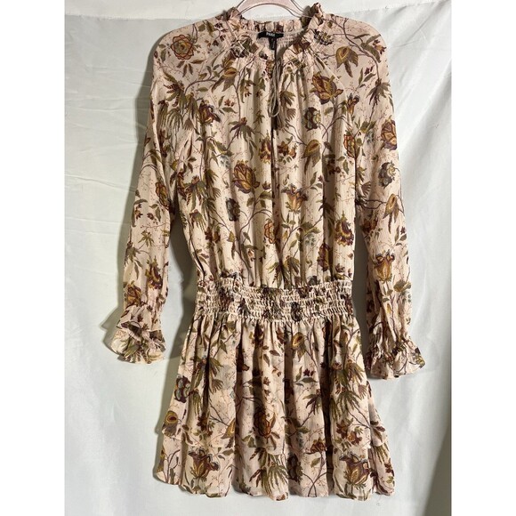 Paige Women’s Dress S Old Rose Covert Green Floral Silk V-Neck Long Sleeve Mini - Picture 1 of 11